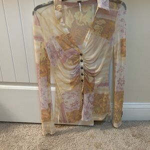 Free People Sheer Ruched Button-Front Blouse in Pastel Cream and Pink